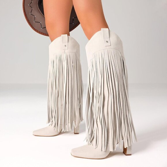⚡Women's Apricot Fashion Fringe Boots with Square Toe Chunky Heel Pull On Suede - Picture 4 of 5